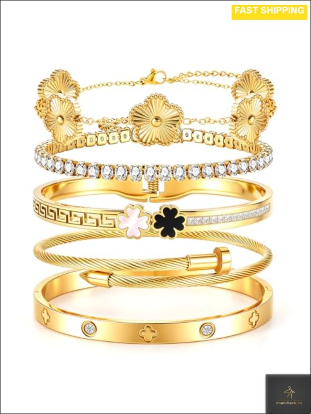 Stainless Steel Bangle Bracelet Set Stackable Clover Charm Gift for Women